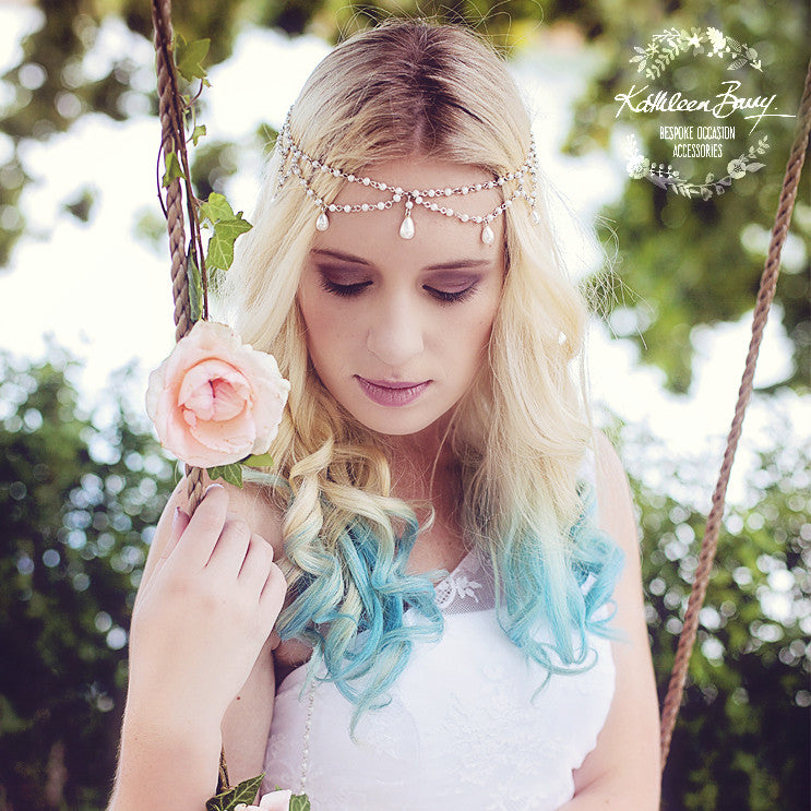 Anita Bohemian Bride pearl crystal head chain Available in silver Kathleen Barry Bespoke Occasion Accessories