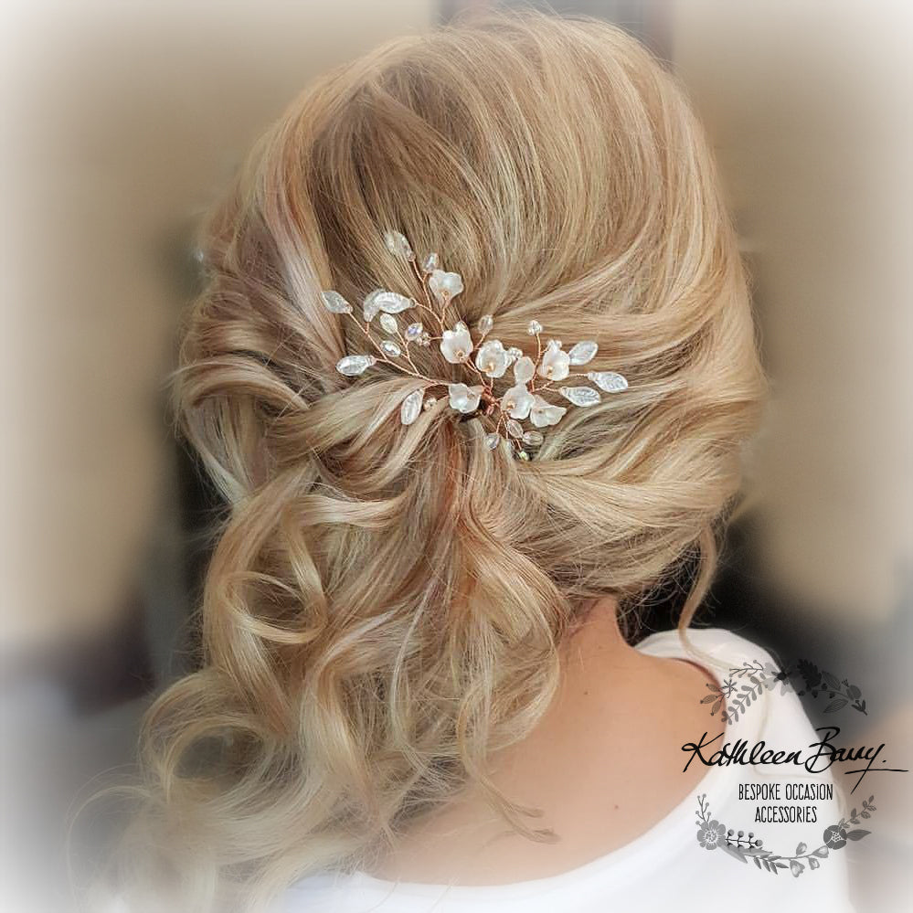 Anli Bridal hair pin rose gold - frosted flowers and pearls - finish options available