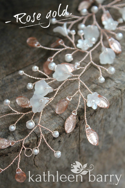Anli Bridal hair pin rose gold - frosted flowers and pearls - finish options available