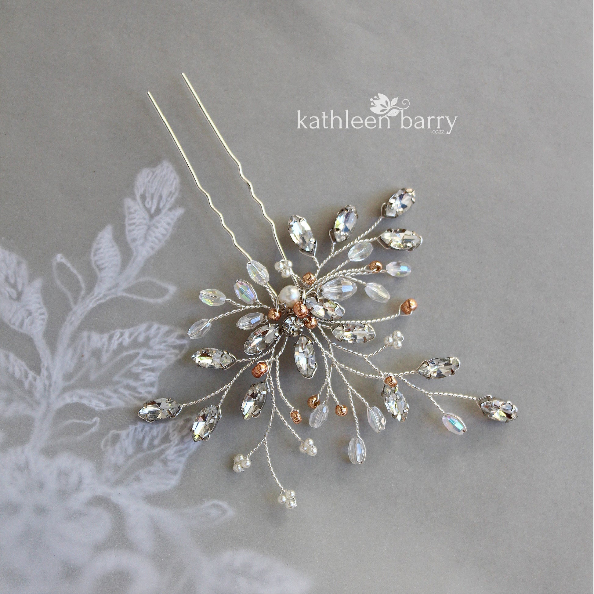 Bridal hair pin rhinestone leaf leaves rose gold and other color options available