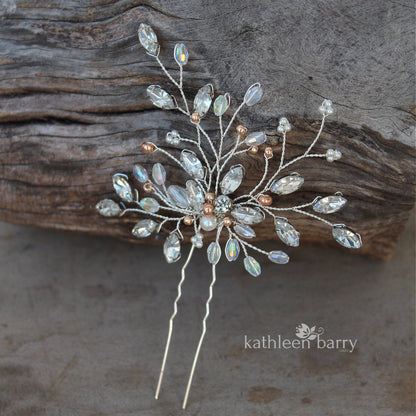 Bridal hair pin rhinestone leaf leaves rose gold and other color options available