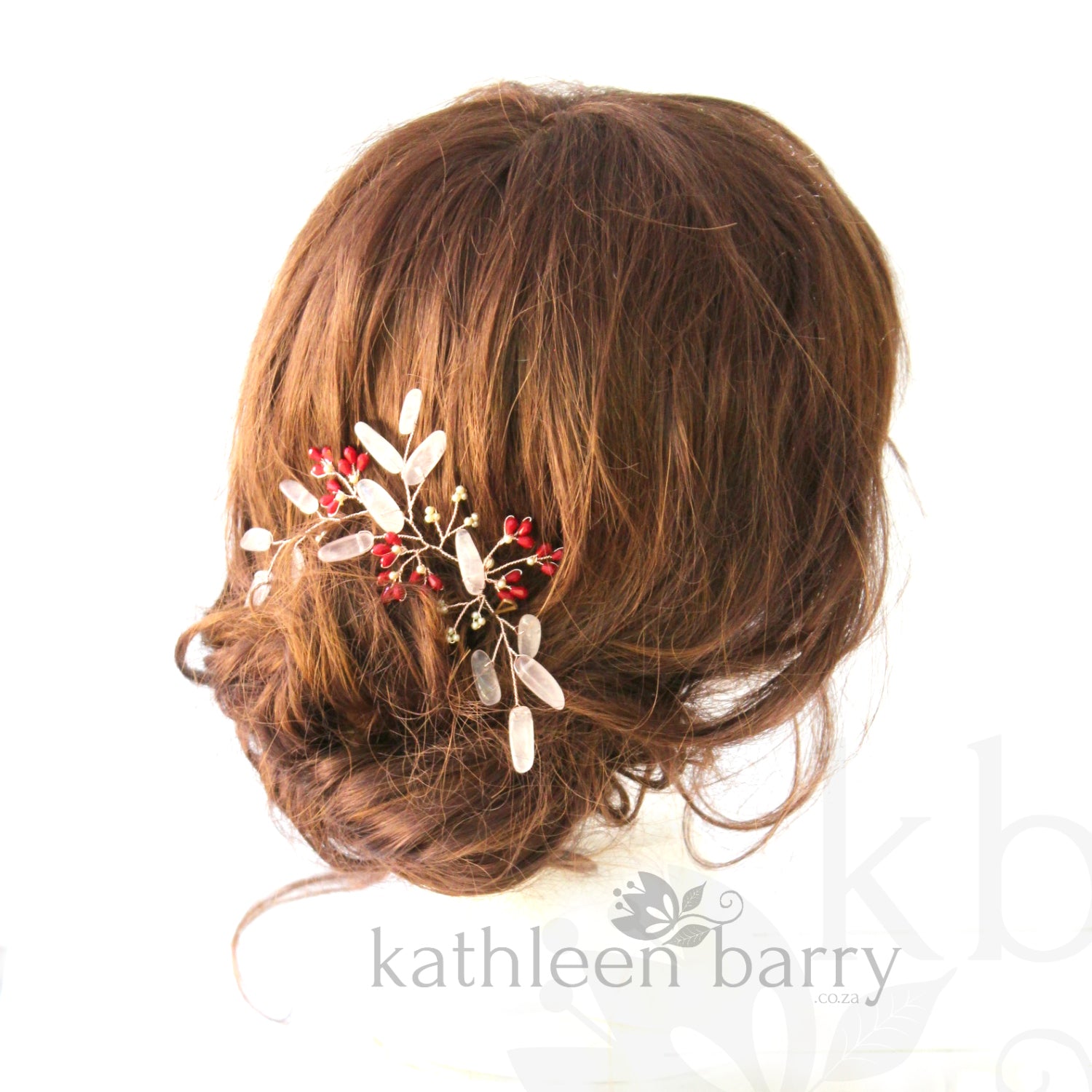 rose quartz and deep red japanese inspired wedding hairpiece for