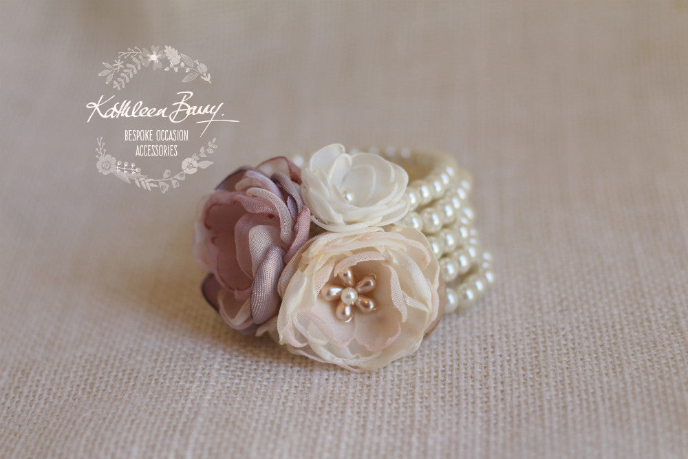 Berdean cuff bracelet - flower corsage on pearl bracelet - Colors to order