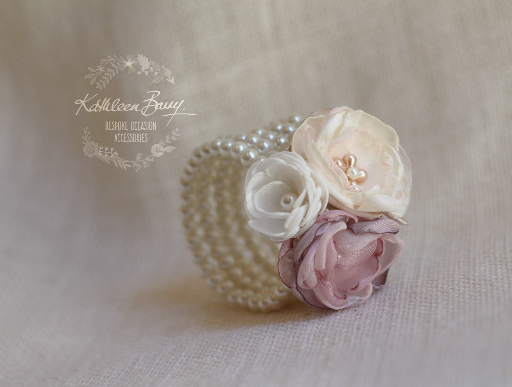 Berdean cuff bracelet - flower corsage on pearl bracelet - Colors to order