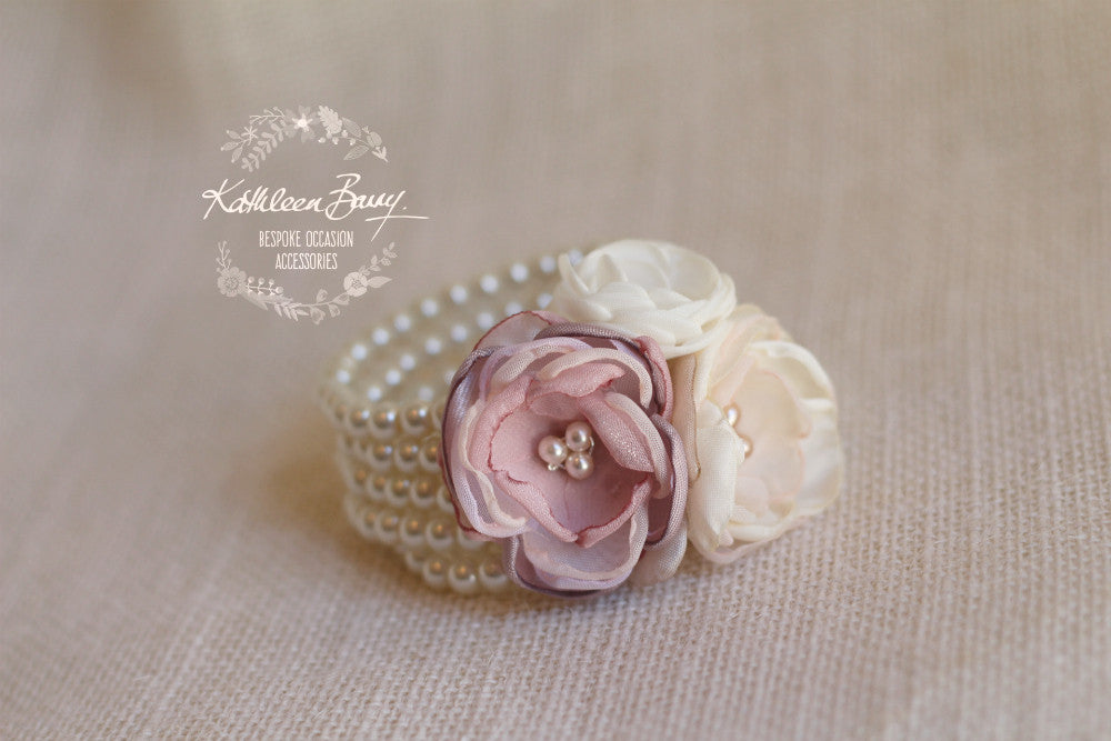 Berdean cuff bracelet - flower corsage on pearl bracelet - Colors to order