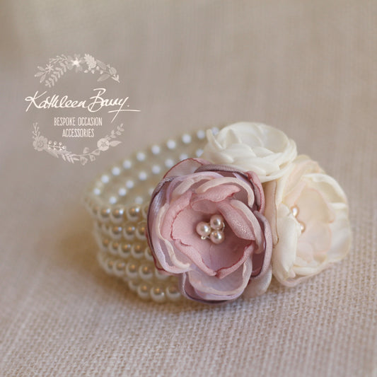 Berdean cuff bracelet - flower corsage on pearl bracelet - Colors to order