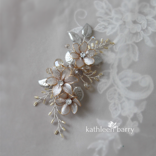 Berdean metallic flower pin comb - Champagne vintage silver & gold - colors to order