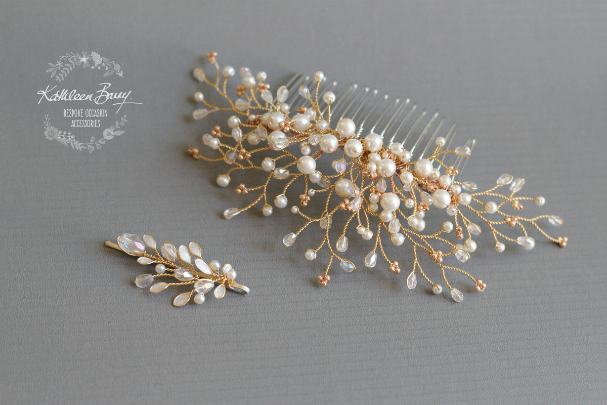 Beth Hair Comb with dainty, crystal & pearl detailing - Available in Gold, rose gold & Silver