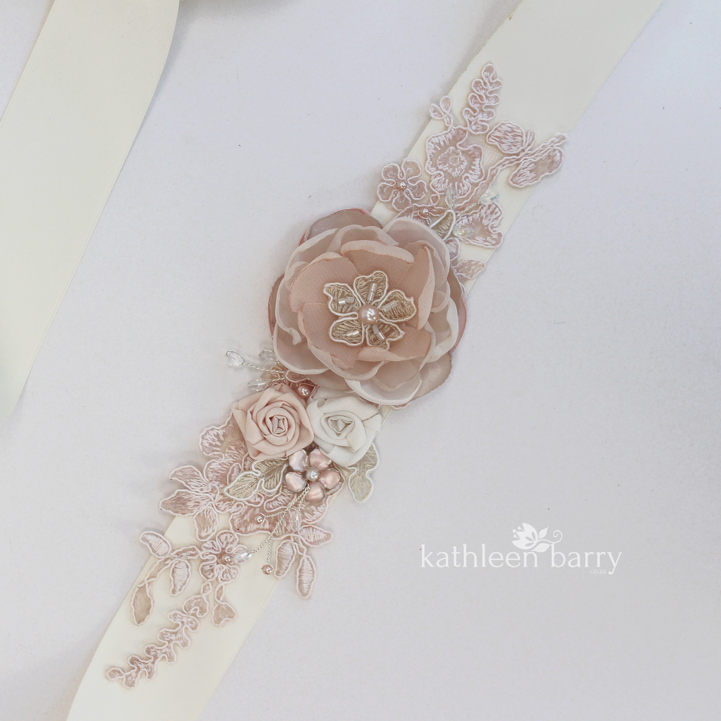 Sophia Wedding dress sash belt - floral with lace - Blush pink - soft pink