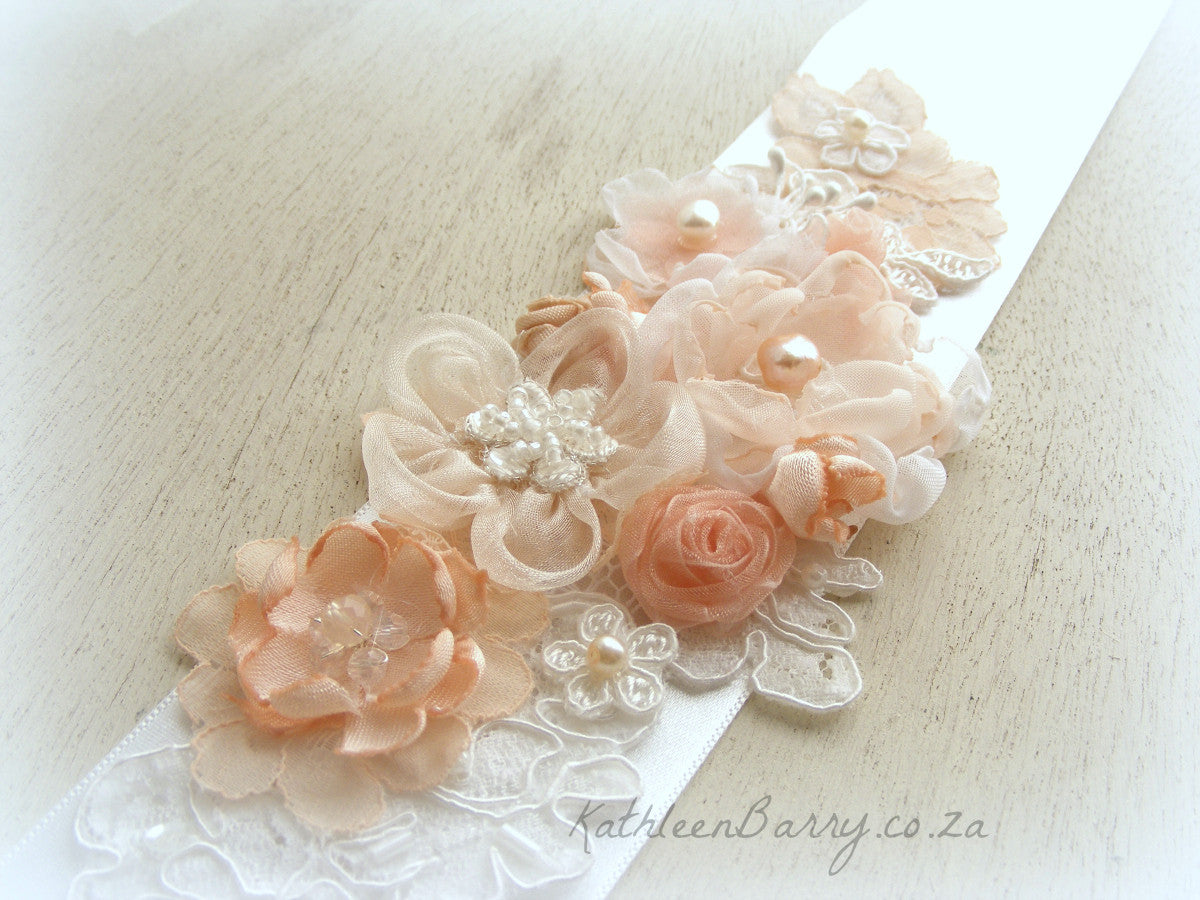 Gwen dress sash Wedding dress bridal belt - Coral peach accents - colors to order