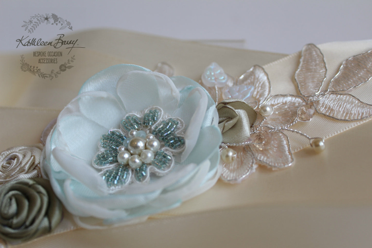 Braelin Bridal sash - wedding dress belt - floral lace dress sash - champagne green mint turquoise - custom colors