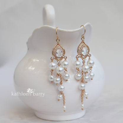 Brooke pearl cubic zirconia chandelier earrings -  white, blush pink or ivory/pearls, Gold finish only.