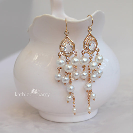 Brooke pearl cubic zirconia chandelier earrings -  white, blush pink or ivory/pearls, Gold finish only.
