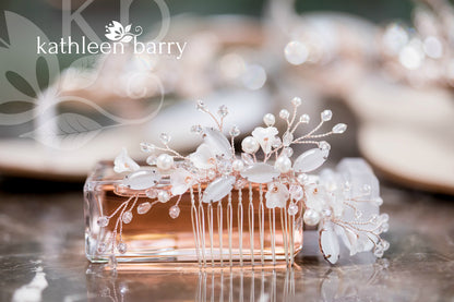 Freya Floral Spray Crystal, Pearl & Rhinestone Comb - Color options available