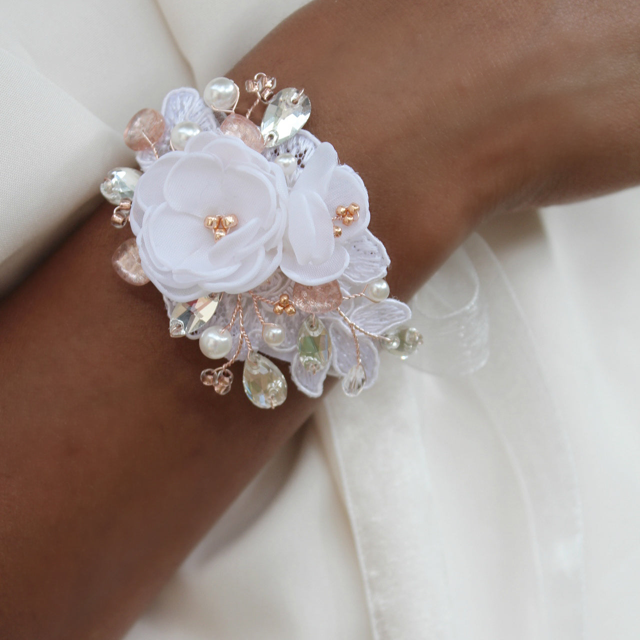 Rose gold wrist corsage cuff bracelet Rose gold or ass colors on re Kathleen Barry Bespoke Occasion Accessories