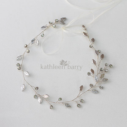 Carlene circlet with glass leaf and rhinestone crystal - Silver, gold or rose gold