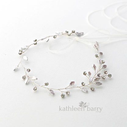 Carlene circlet with glass leaf and rhinestone crystal - Silver, gold or rose gold