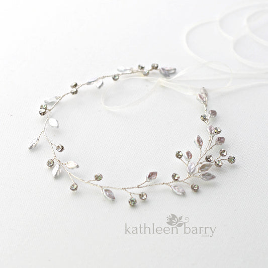 Carlene circlet with glass leaf and rhinestone crystal - bridal headband wreath vine