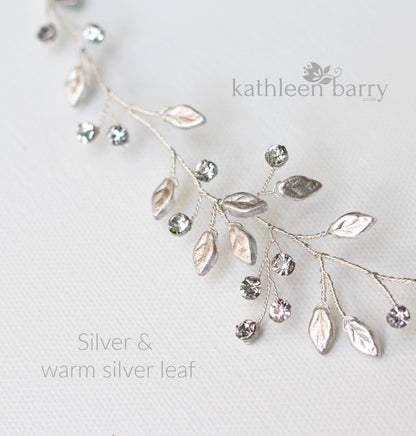 Carlene circlet with glass leaf and rhinestone crystal - Silver, gold or rose gold