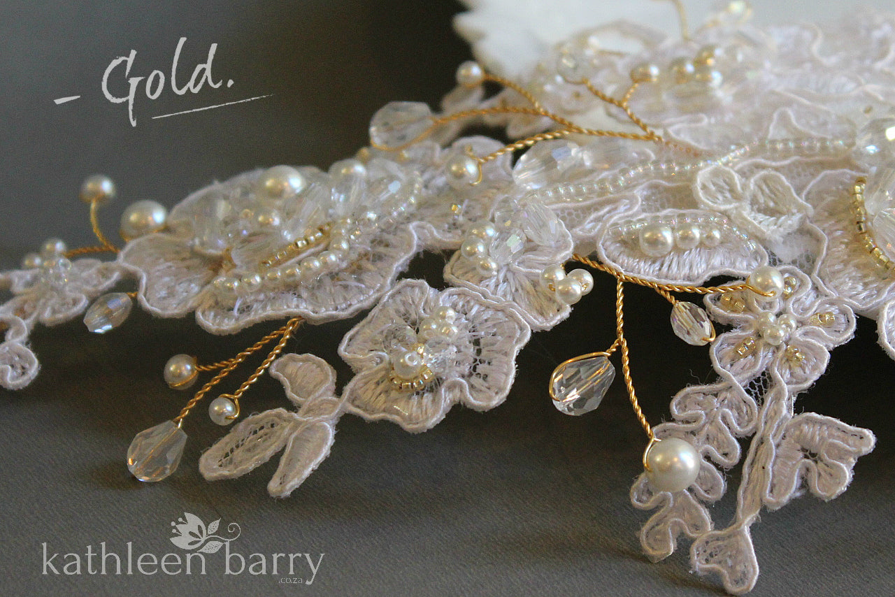 Carmen Lace bridal hairpiece clip  - Lace, pearl and metallic color options available