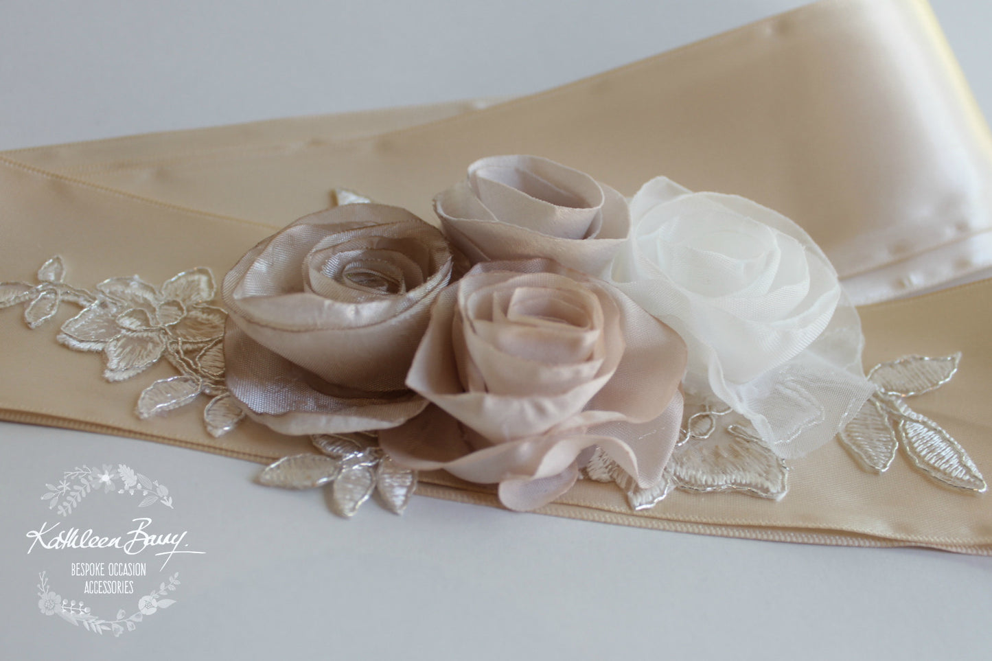Lucille Wedding dress sash belt - floral roses with metallic corded lace - Champagne, Blush pink, taupe, nude