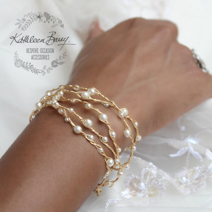 Cherize - Wrap cuff bracelet Pearls & plated wirework in gold, silver or Rose gold.