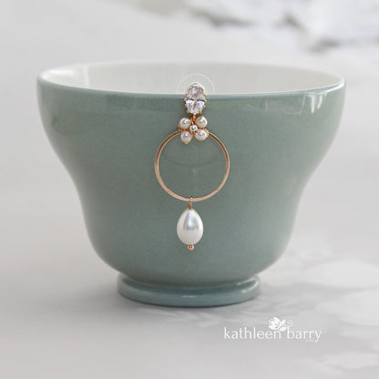 Cindy floral hoop, pearl drop Cubic zirconia earrings - Only available in gold