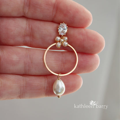 Cindy floral hoop, pearl drop Cubic zirconia earrings - Only available in gold