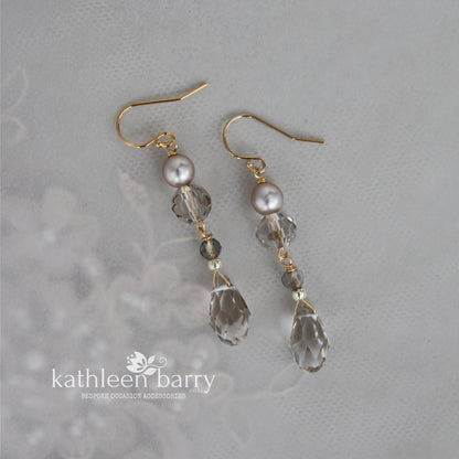 Smokey silver grey Clare Earrings Crystal & Pearl Gold, silver or rose gold option (also available in clear)