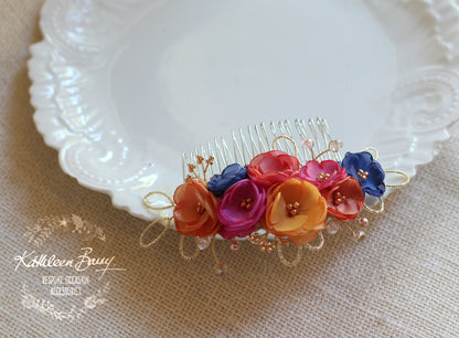 Lize floral hair comb - Autumn shades - Handmade fabric flowers rose gold elements