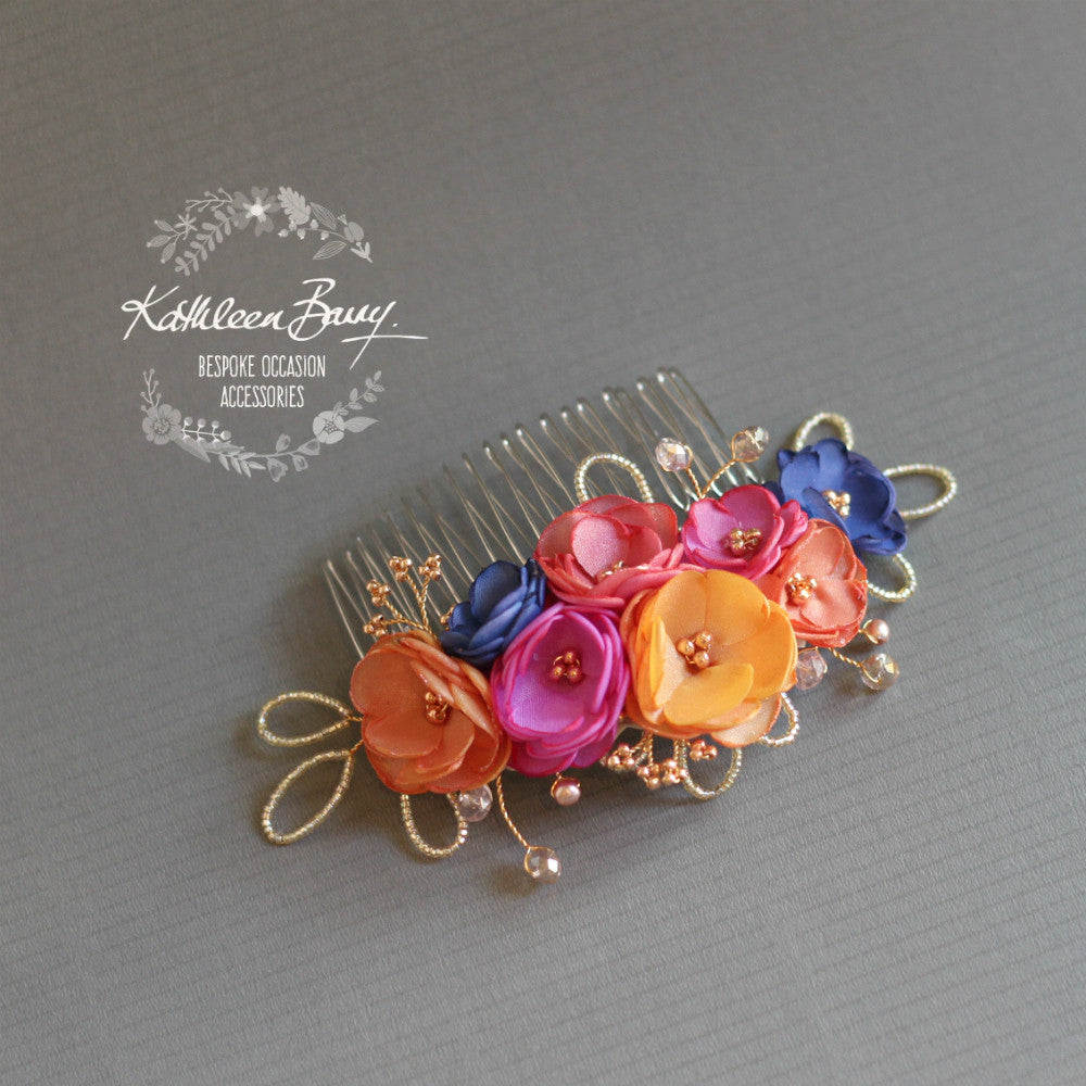 Connie Floral Hair Comb in Multi Colored Shades, Handmade fabric flowers rose gold elements Wedding hair accessory rainbow