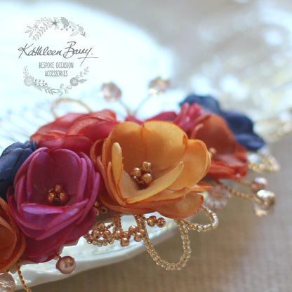 Lize floral hair comb - Autumn shades - Handmade fabric flowers rose gold elements