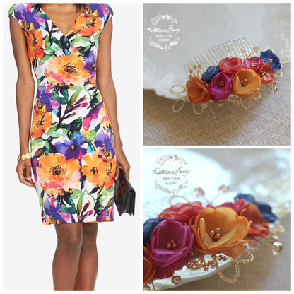 Connie Floral Hair Comb in Multi Colored Shades, Handmade fabric flowers rose gold elements Wedding hair accessory rainbow