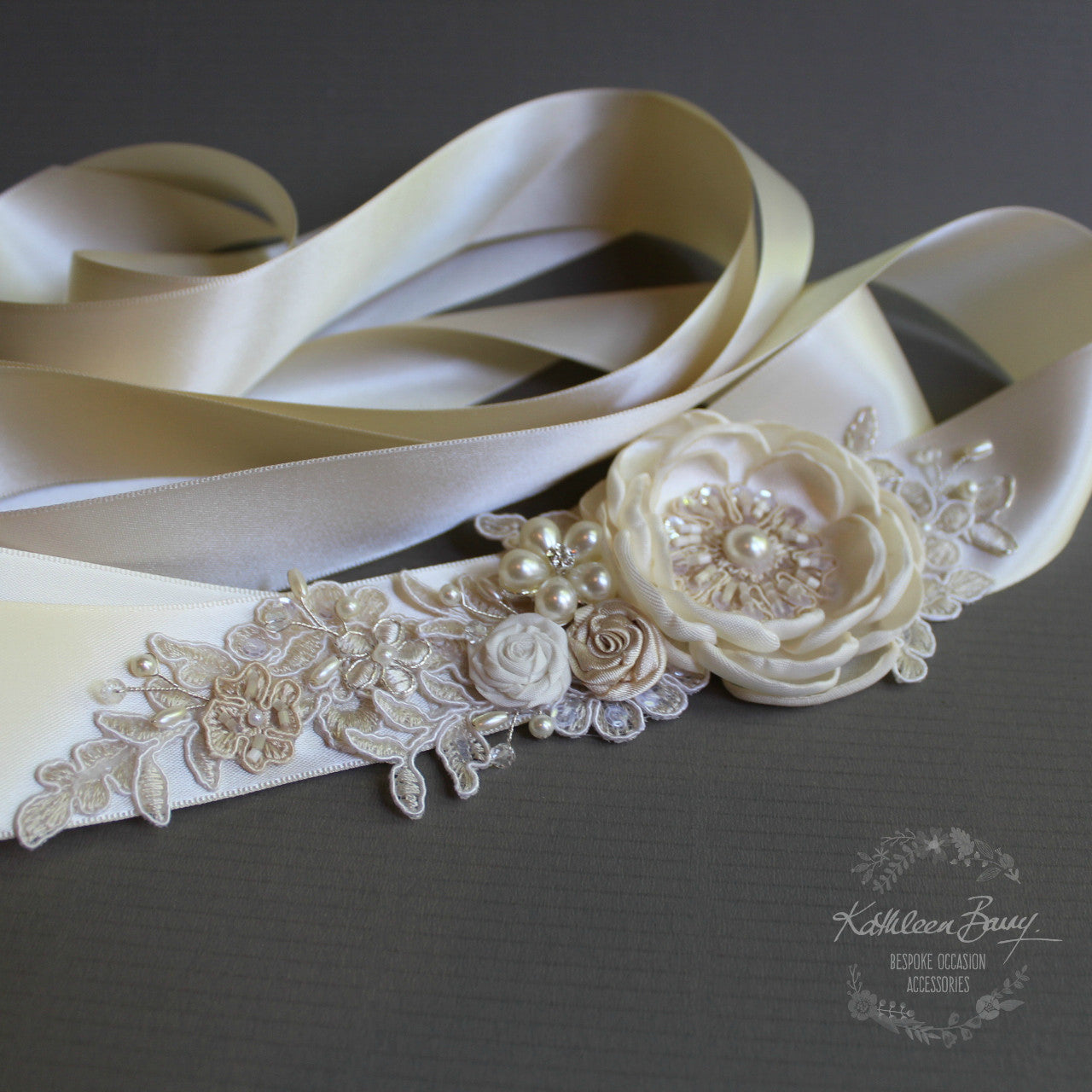 Emma Wedding dress sash belt - floral with lace - champagne ivory cream