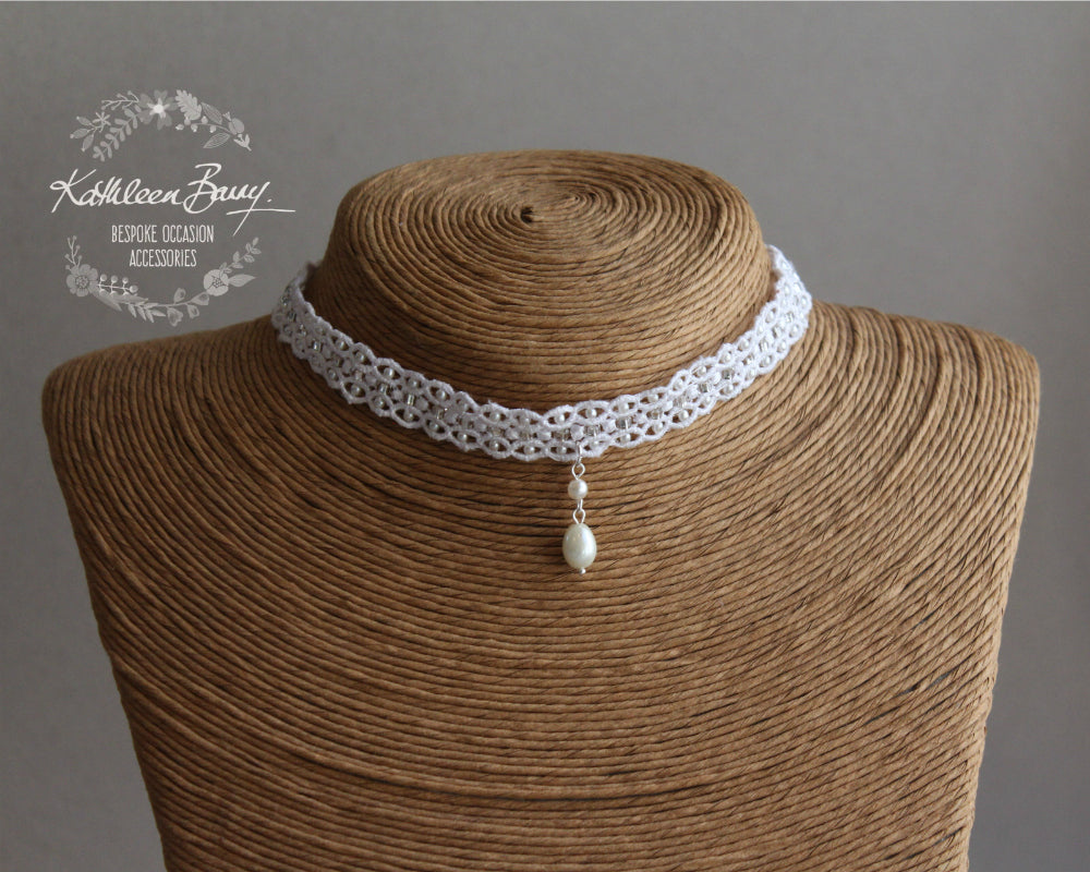 Kelly Lace Choker necklace with focal Pearl Drop - Color Options Available