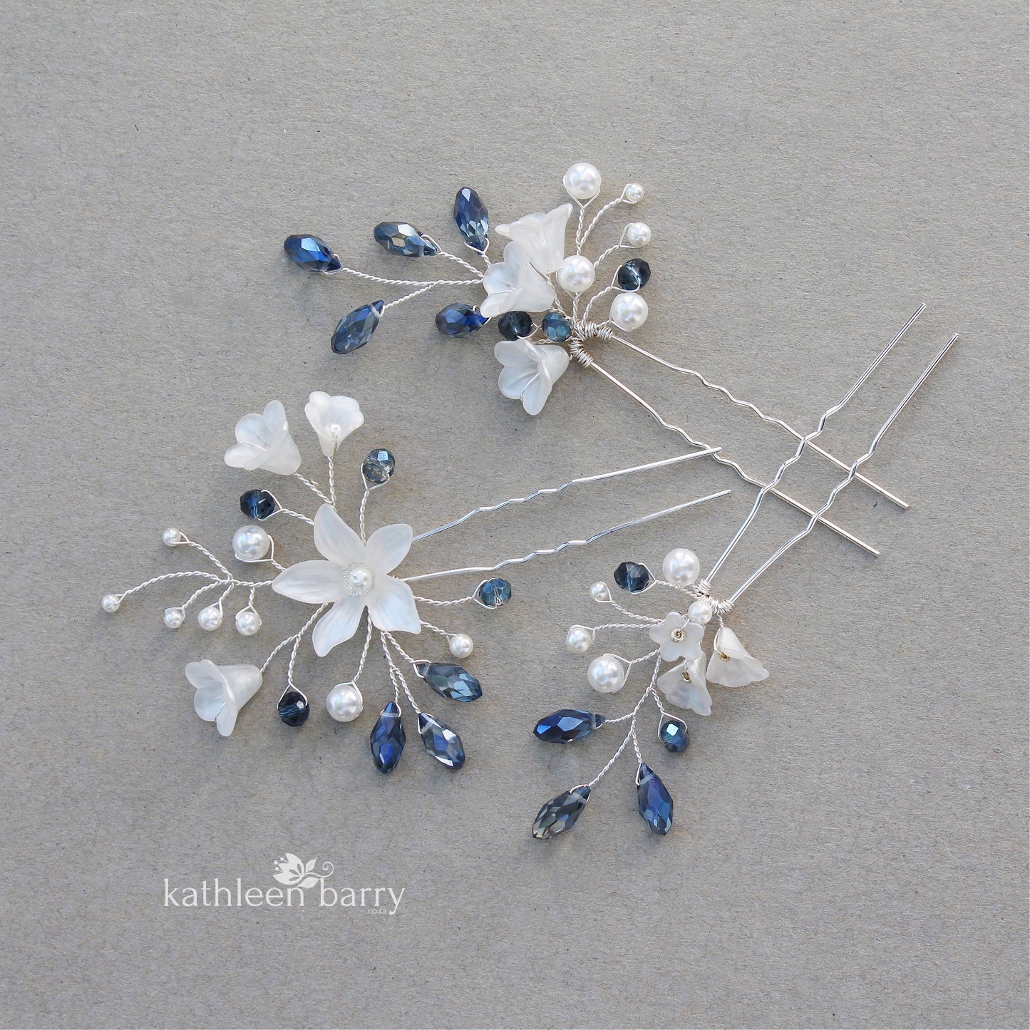 Delft blue Monica hair pins mix and match - 3 styles - silver (sold individually) something blue