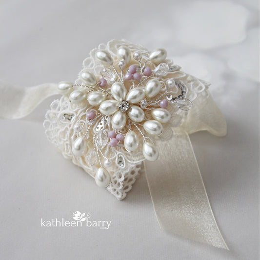 Diane lace and pearl cuff bracelet - hint of soft mauve crystals or your color choice.