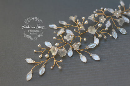 Fallon Crystal & Pearl Organic Hair Vine Floral Spray, Wedding Hair Accessories