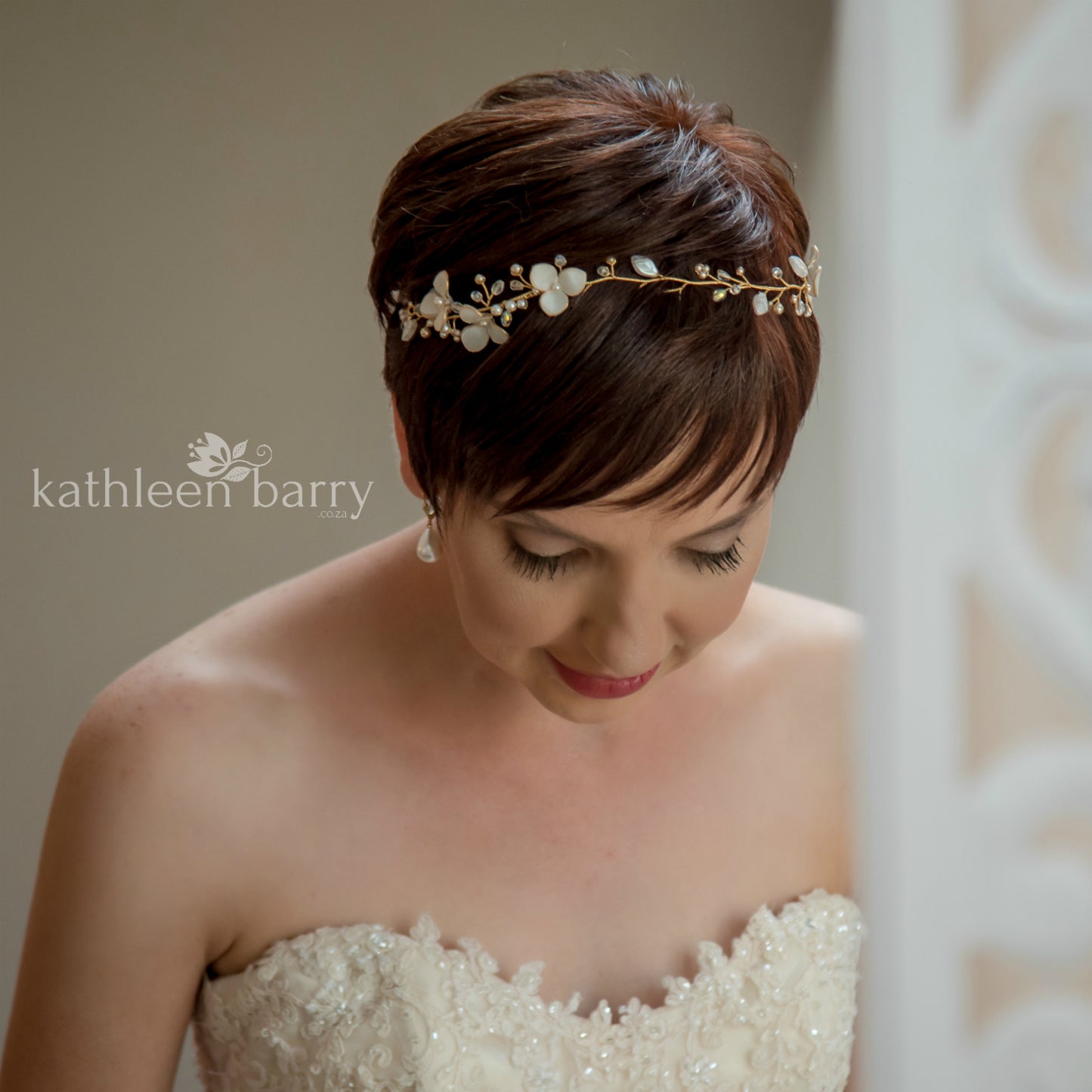 Tracy crystal pearl headband, delicate sculpted fabric flowers and glass leaves - colors available