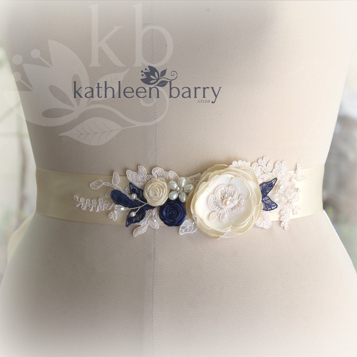 Emma Wedding dress sash belt with Ivory, cream and navy blue detail (color options available)