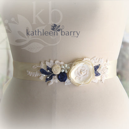 Emma Wedding dress sash belt with Ivory, cream and navy blue detail (color options available)