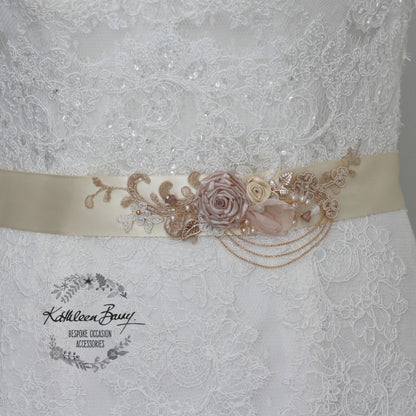 Eva Wedding dress sash belt - floral with lace - Blush pink and rose gold