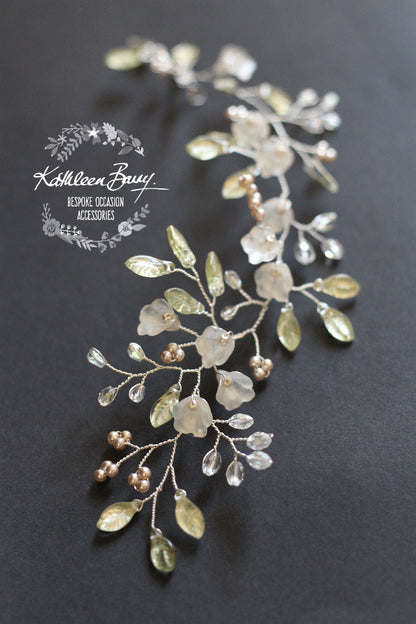 Fallon Crystal & Pearl Organic Hair Vine Floral Spray, Wedding Hair Accessories