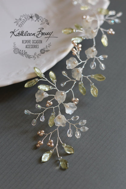 Fallon Crystal & Pearl Organic Hair Vine Floral Spray, Wedding Hair Accessories