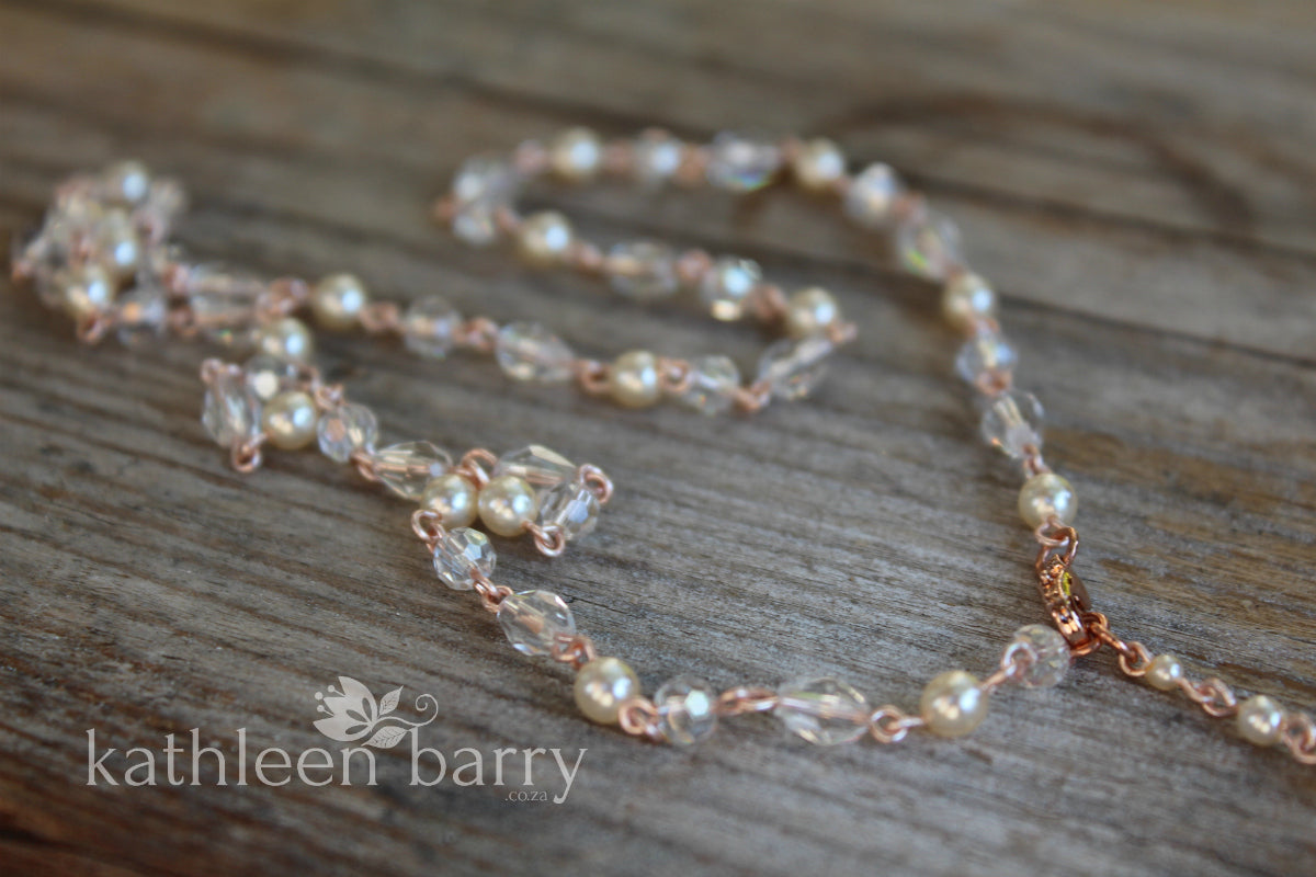 Frances crystal pearl back drop necklace - Available in Silver, gold or rose gold plated finish - 3 PEARL COLORS AVAILABLE
