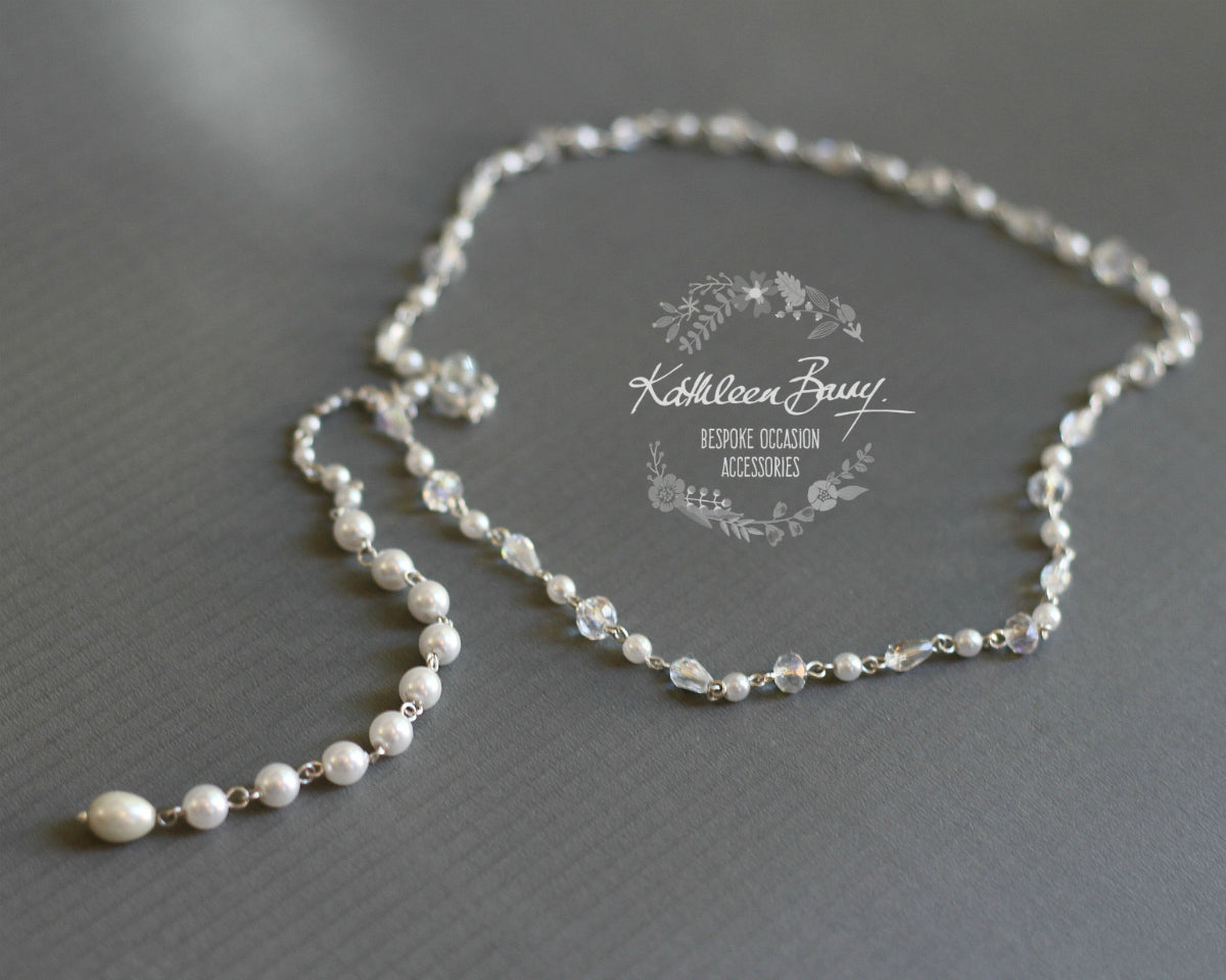 Frances crystal pearl back drop necklace - Available in Silver, gold or rose gold plated finish - 3 PEARL COLORS AVAILABLE