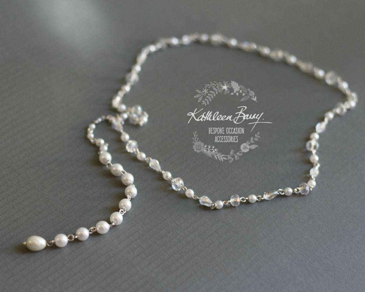 Frances crystal pearl back drop necklace - Available in Silver, gold or rose gold plated finish - 3 PEARL COLORS AVAILABLE