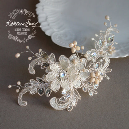 Gabriella Bridal Lace Rhinestone hair piece, 3D lace flower in 'ivory nude blush' with silver tones