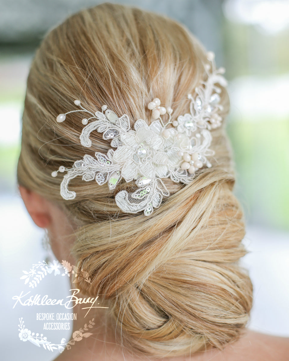 Gabriella Bridal Lace Rhinestone hair piece, 3D lace flower in 'ivory nude blush' with silver tones