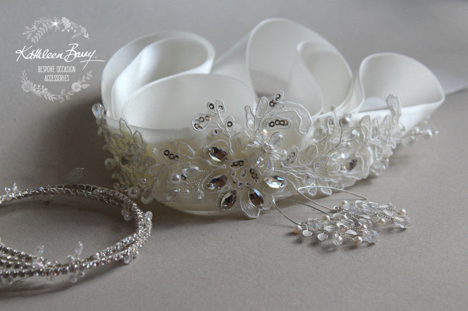 Gabriella Bridal Sash Belt lace motif, diamante, mini sequin, crystal & pearl detailing Wedding Accessories